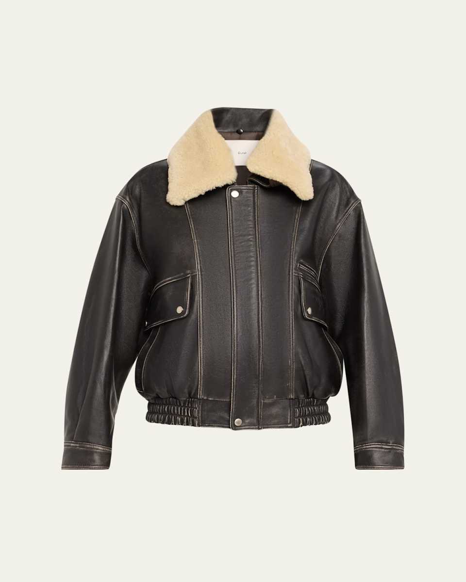 Blouson Leather Jacket with Detachable Shearling Collar